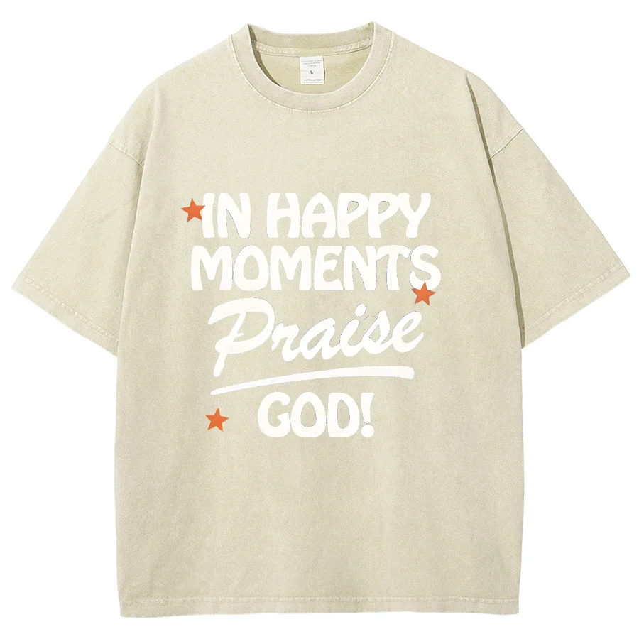 Happy Moments God Y2K Washed Short Sleeve T-Shirt, Creative Printed Unisex Vintage Streetwear New Fashion Plus-Size Casual Tops