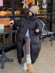 Piumino lungo in piumino d'anatra bianco da donna con cappuccio spesso due cerniere caldo piumino femminile 2024 nuova moda invernale cappotto casual allentato