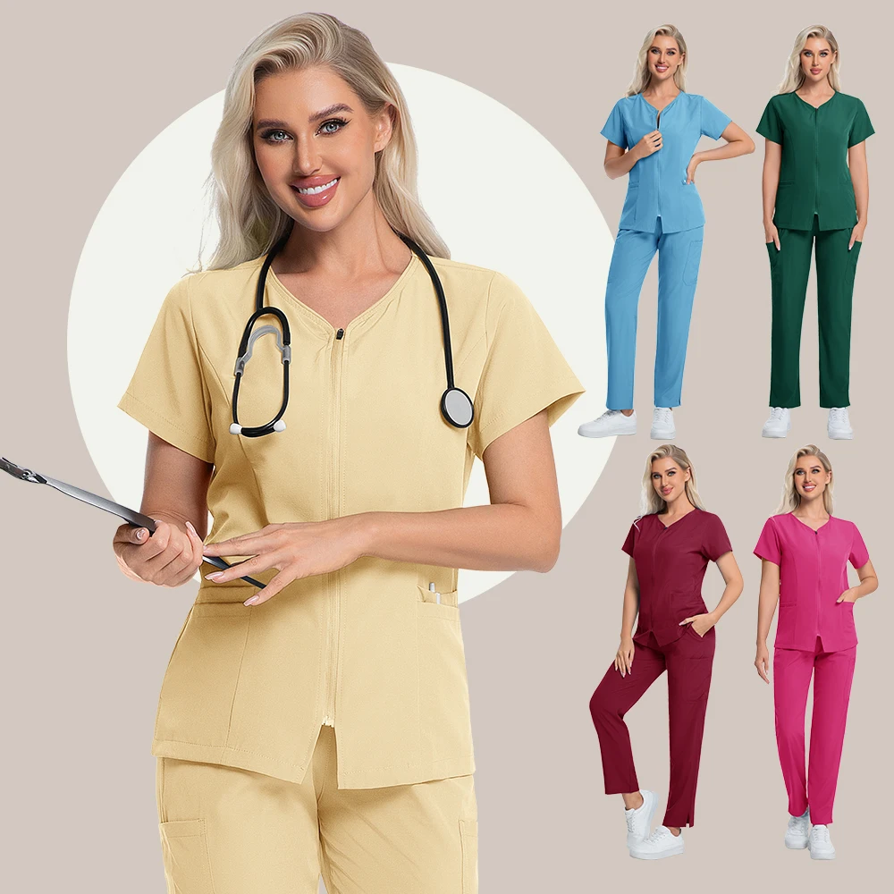 Mehrfarbige Pflegeuniformen, Cardigan mit Reißverschluss, medizinische Arbeitskleidung, Uniform für Frauen, Krankenschwester-Set, 2-teiliger Anzug, Arbeitskleidung für Schönheitssalons