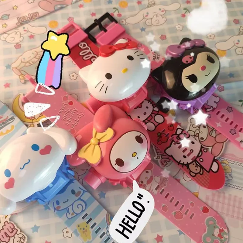 Sanrio 3D Kuromi Projection Digital Watch Hello Kitty Cinnamoroll Children Watch Cartoon Led Silica Watchband Electronic Watches