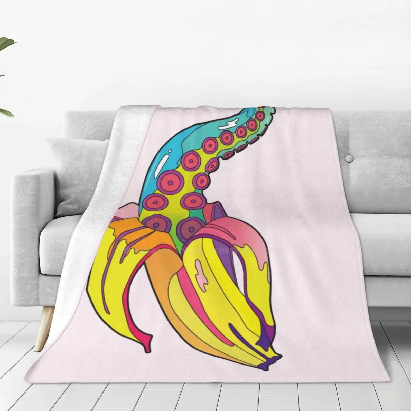 Bananacle Soft Warm Throw Blanket Psychedelic Banana Tentacle Trippy Bold Colourful Lauren Fruit Fun Novelty Pink Blue Aqua