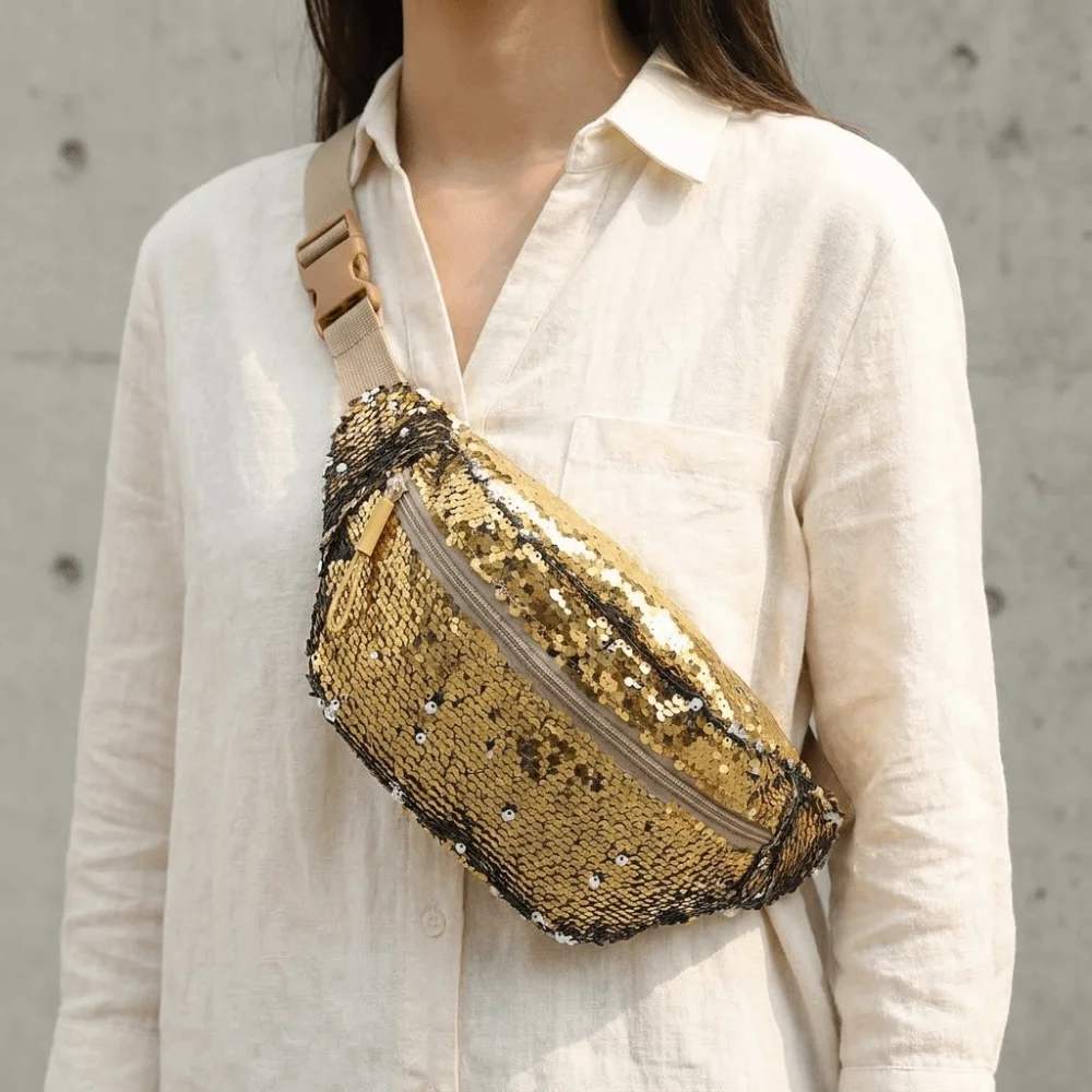 Glitter Sequin Waist Packs Versatile Wide Shoulder Strap Zipper Crossbody Bag Phone Pack Messenger Bag Shiny Fanny Pack Outdoor
