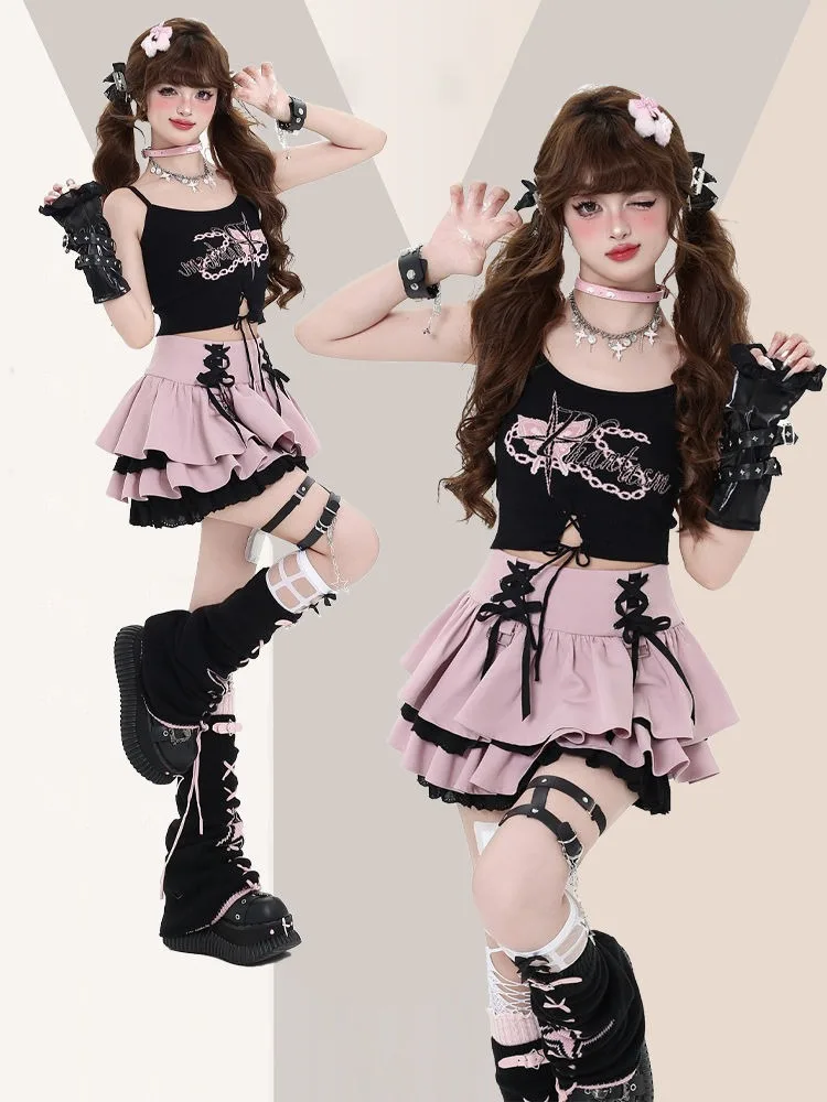 

Y2k Sweet Cool Black Purple Jk Skirts High Waist Lace Up Cake Skirt for Women 2025 Summer New Casual Faldas Sexy Mujer