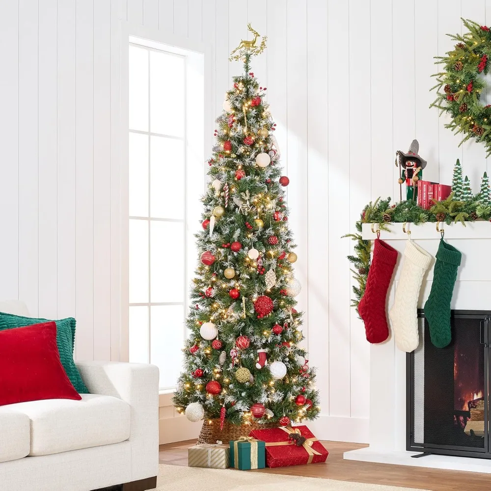 

12ft Pre-Lit Pencil Christmas Tree, Partially Flocked Pre-Decorated for Home, Skinny Frosted Holiday Tree