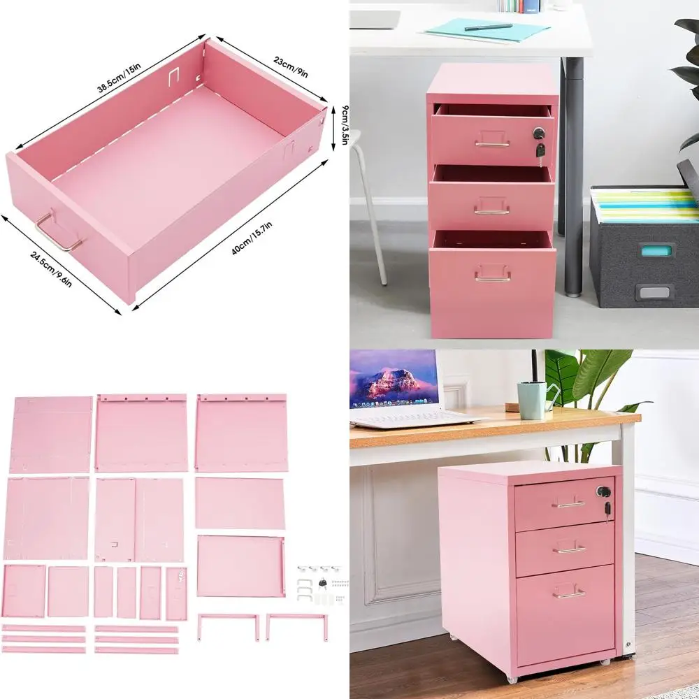

Mobile 3-Tier Vertical File Cabinet with Lock and Wheels, Pink, for Home Office Security