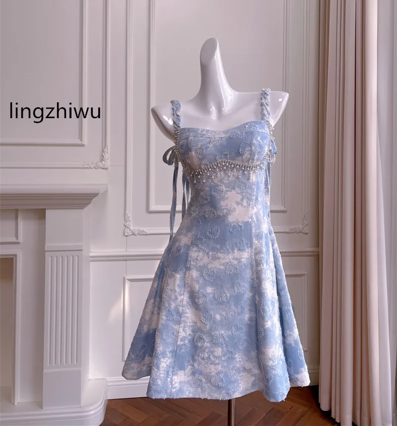 lingzhiwu Denim Dress Spring French Design Beading Tassel Blue Tie Dye Ladies Spaghetti Strap Dresses Female New Arrive