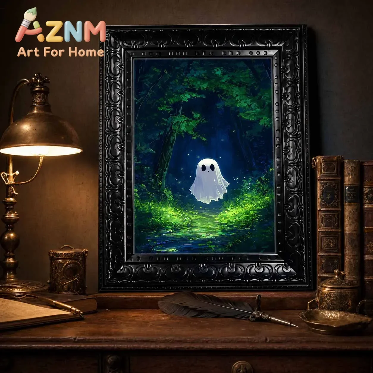 Framed Canvas Wall Art, Cute Ghost Dark Forest Painting, Vintage Gothic Home Decor for Halloween Bedroom Living Room