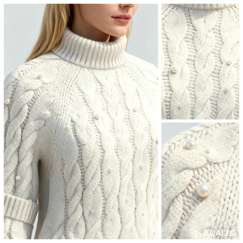 سترة نسائية بيضاء متماسكة مع زخارف من حجر الراين، سترة محبوكة برقبة وهمية وأكمام طويلة، بلوزة شتوية دافئة أنيقة #1