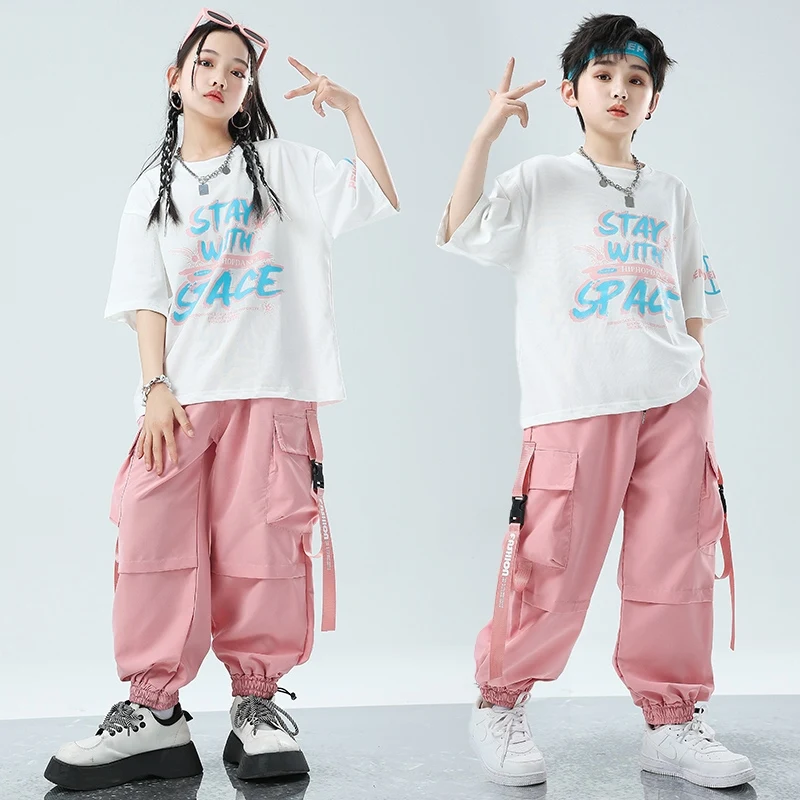 Kids Street Dance Hip Hop Clothes Boys T Shirt Pink Cargo Pants Girls Jazz Practice Wear Teens Hiphop Performance Outfit BL13663