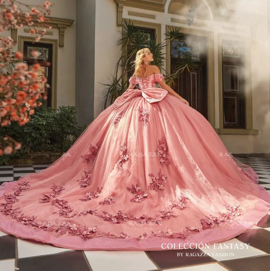 Schillernde erröten scharfes Prinzessin Quince anera Kleider von der Schulter 3d Blumen applikation Korsett Vestidos de 15 Años Quinceañeras 2024