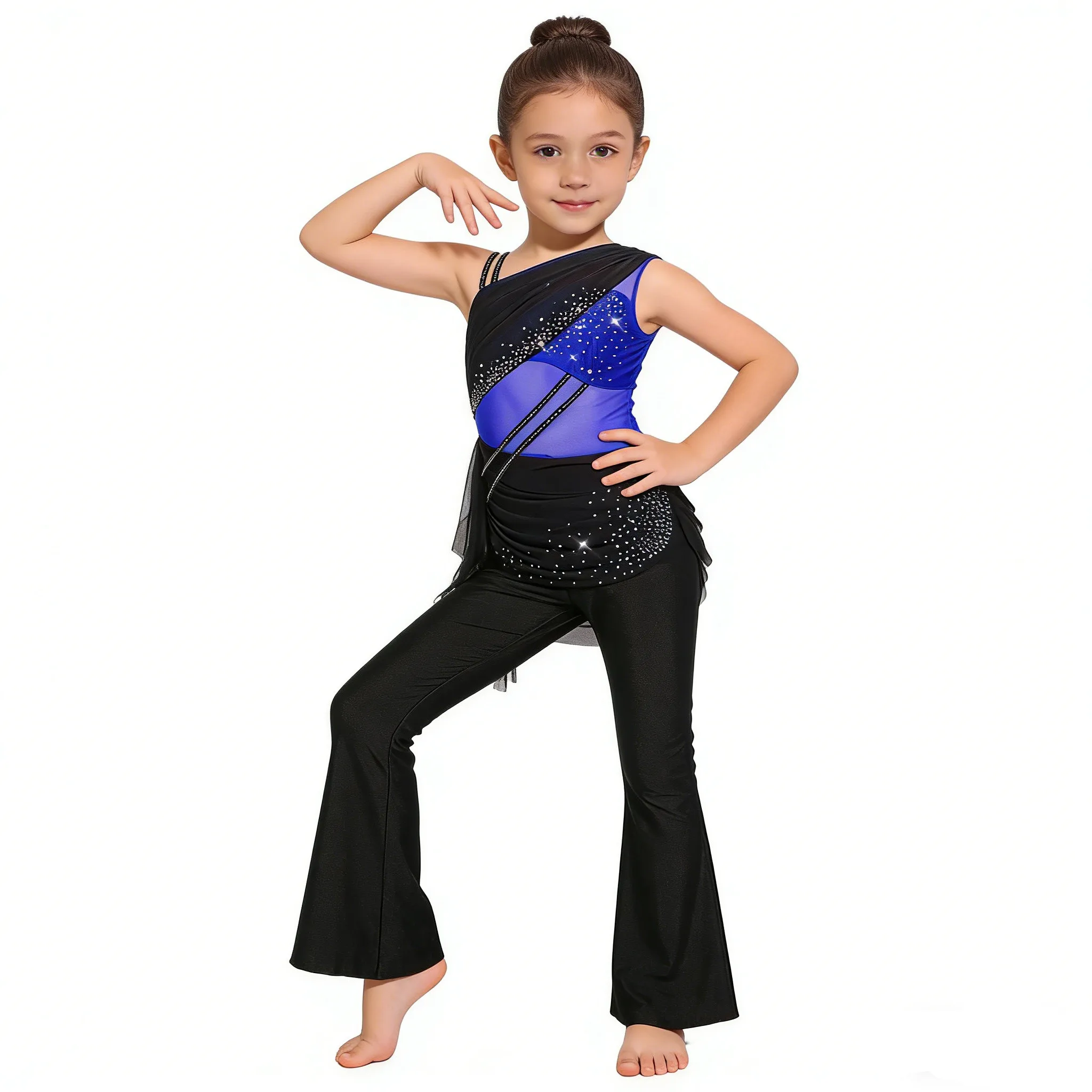 Girls Lyrical Dance Performance Costume Shiny Rhinestones Mesh Jumpsuit Figure Skating Gymnastics Acrobatics Latin Jazz Bodysuit