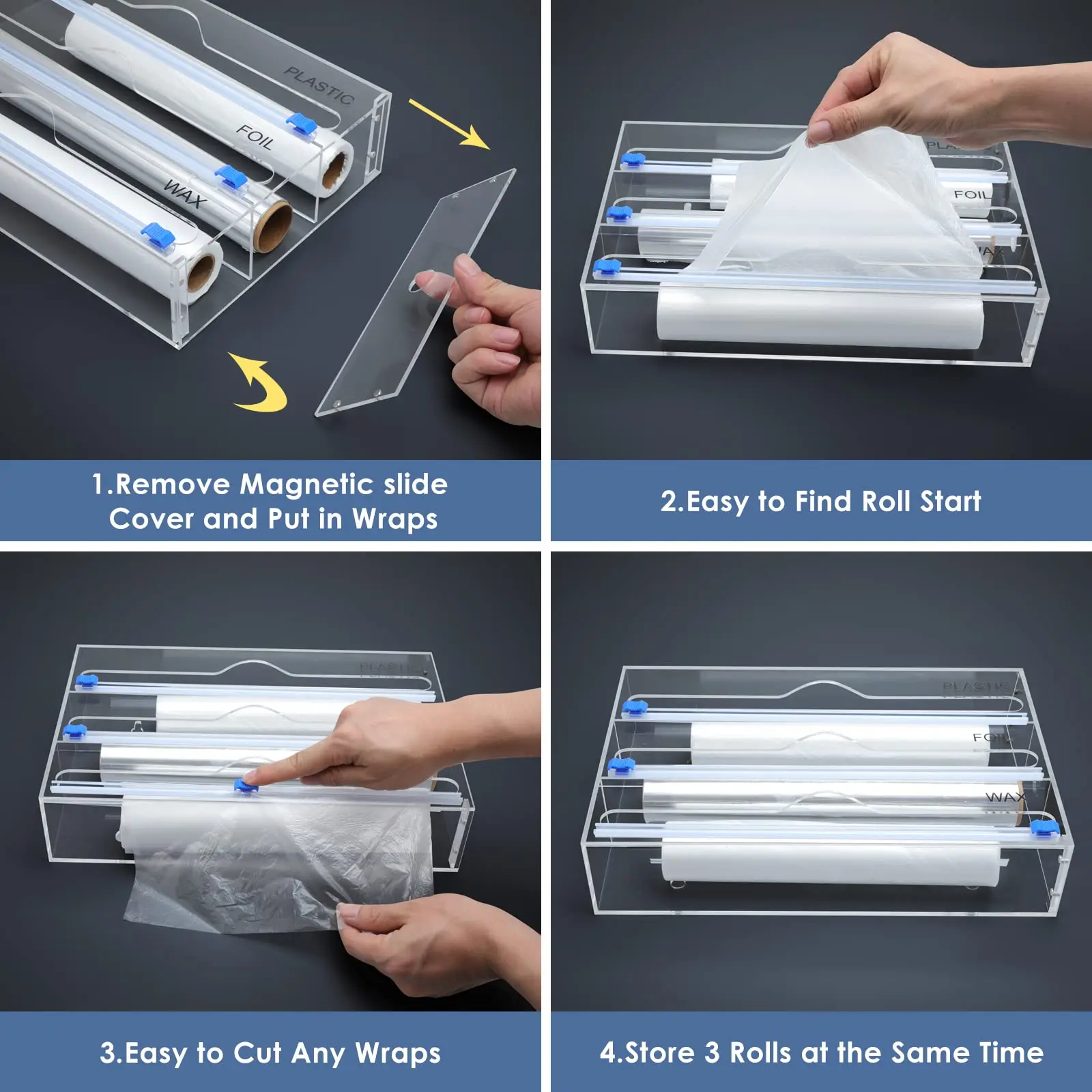 Foil Plastic Wrap Organizer,Acrylic Tin Foil Parchment Paper Dispenser with Cutter,Kitchen Pantry Drawer Storage Wall Mount