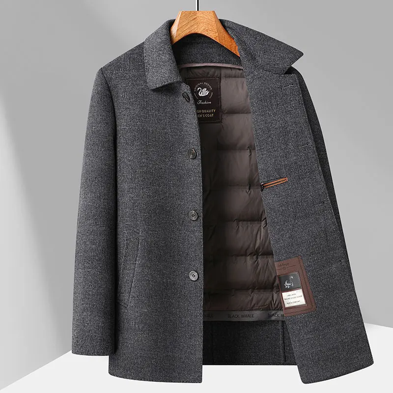 Classic Grey Color Duck Down Liner Woolen Coats 2024 Winter Business Casual Men's Thicken Warm Puffer Windbreaker Wool Jackets