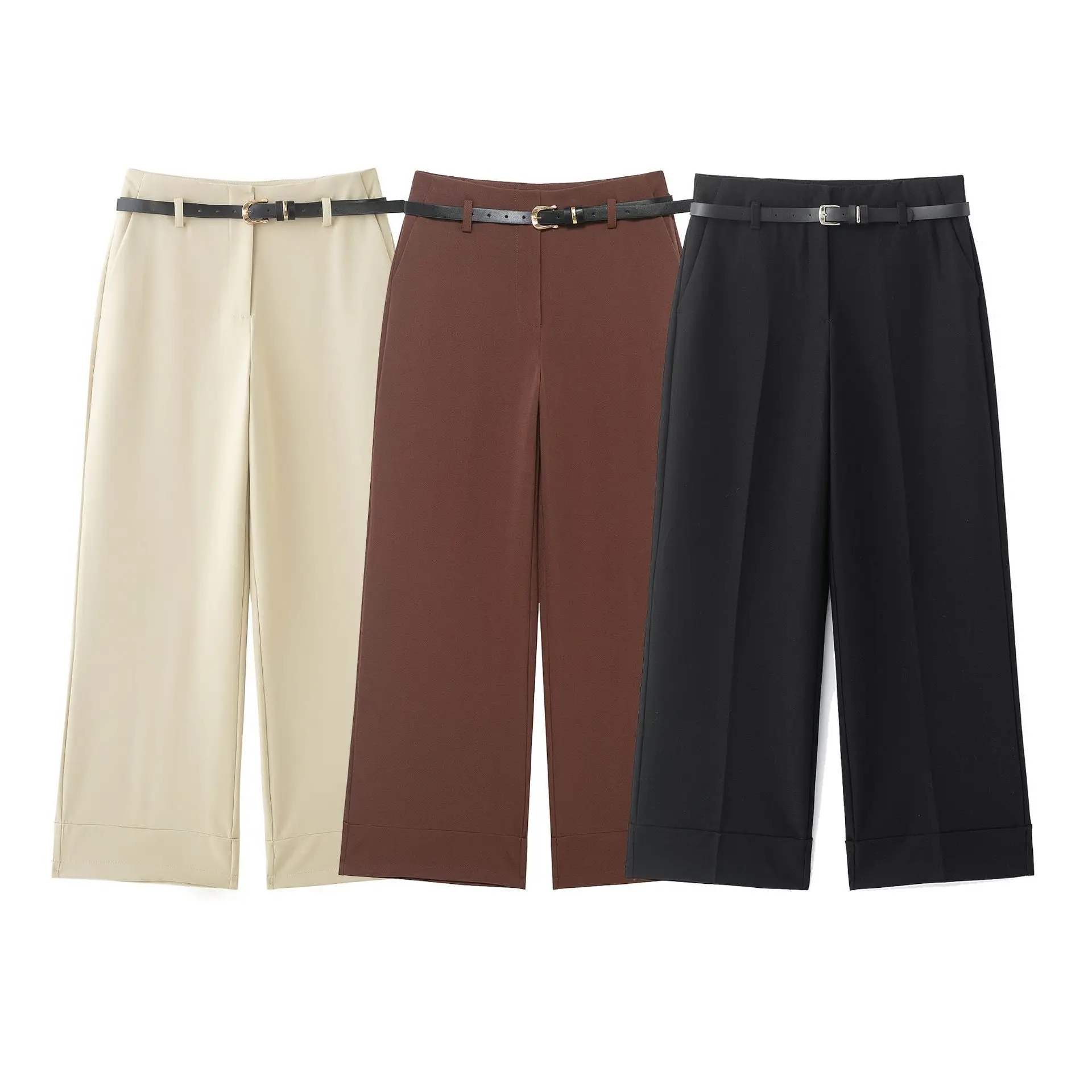Fashionable Women's Organic Cotton Casual Pants with Cuffed Hem And Belt Cross-Border Elderly Applicable Leisure Style