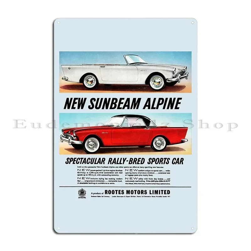 Sunbeam Alpine Tiger 1960s British Advert Classic sports Motors car high contrast Metal Designer Club Wall Decor Tin Sign Poster