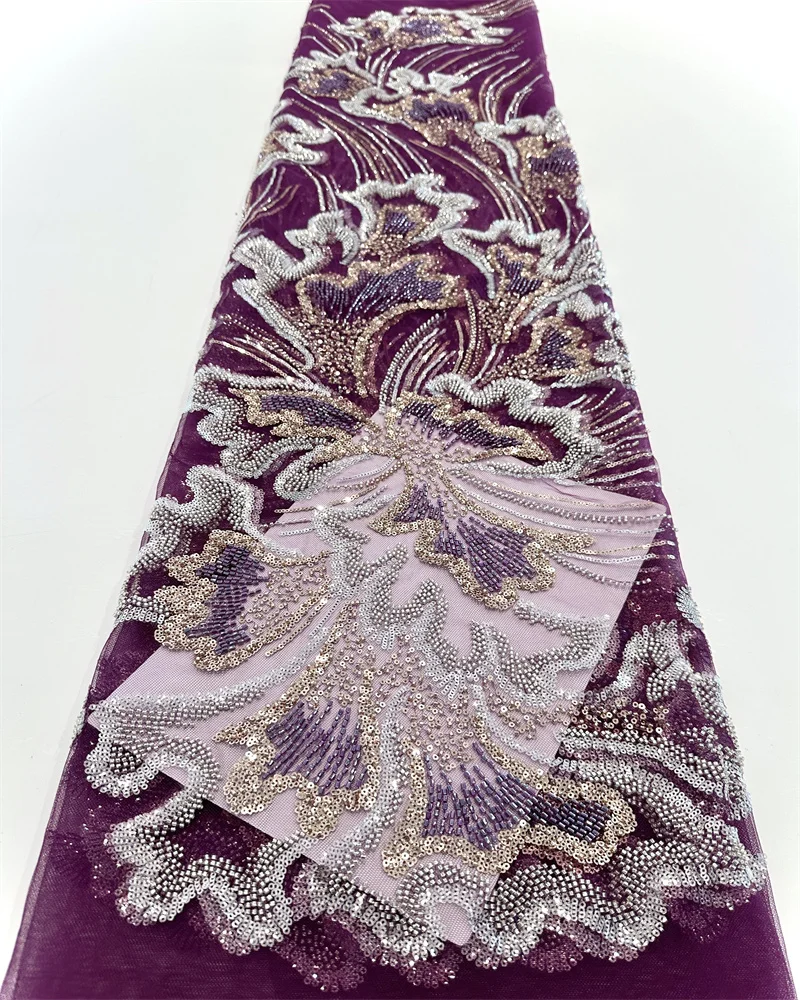 2025 Luxurious Nigerian African Beaded Lace Fabric High Quality Sequins Embroidery African French Lace Fabric For Sewing Dress