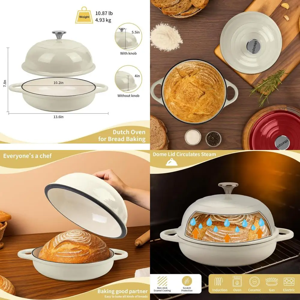 

Enameled Cast Iron Bread Oven, 5.4 Qt, 25 cm, White, Oven-Safe for Sourdough Baking up to 500°F