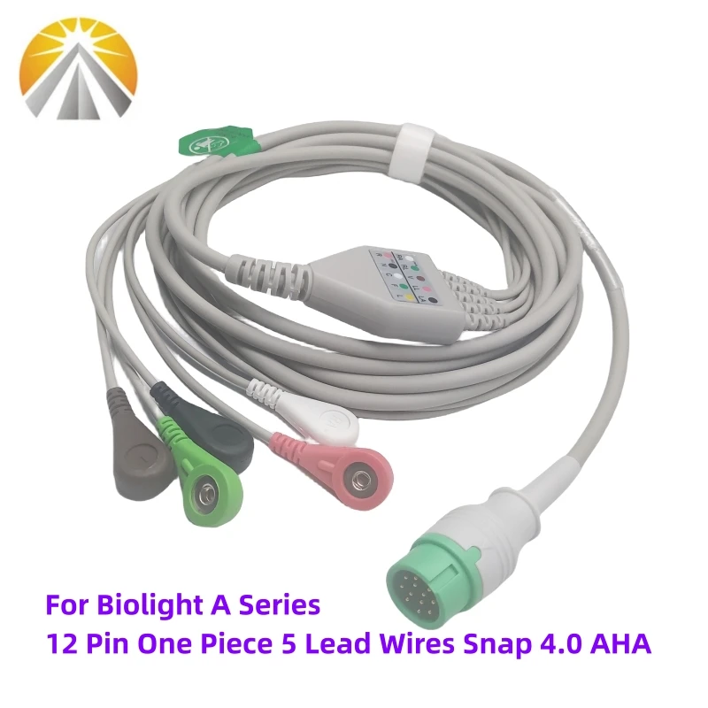 

ECG Cable For Biolight A Series A3 A5 A6 A8 Patient Monitor One Piece 5 Lead Wires 12 Pin Snap 4.0 AHA Standard