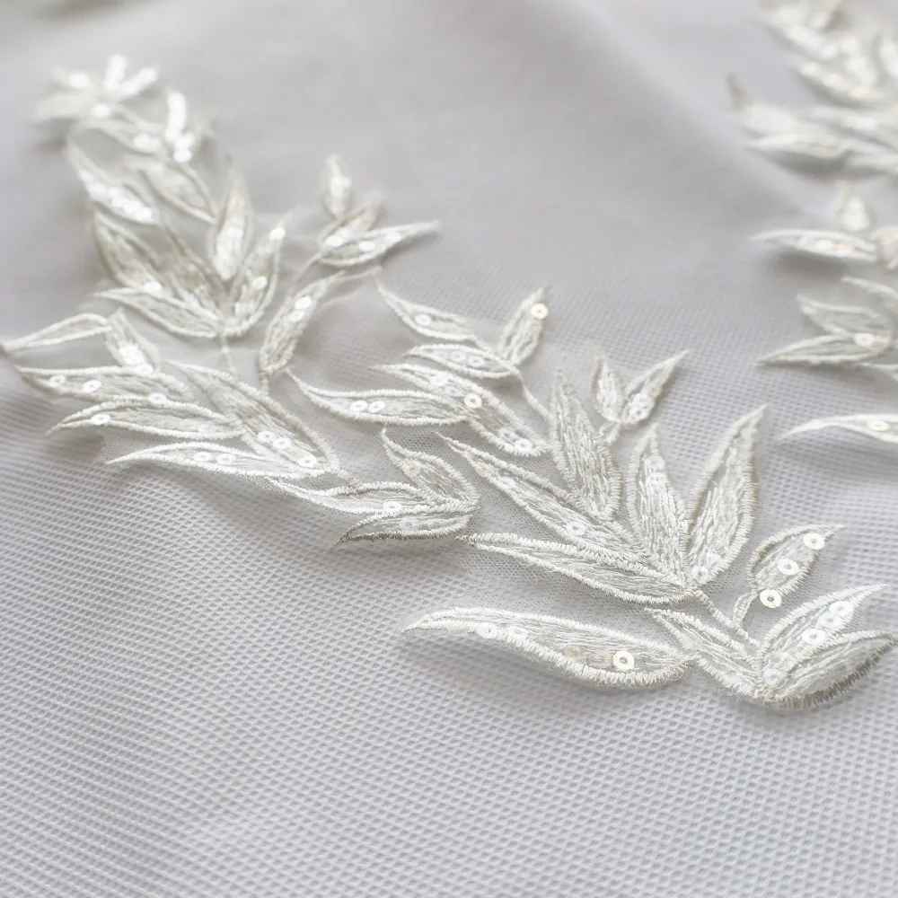 2PCS White Leaf Leaves Lace Fabric Sequin Embroidered Party Gown Appliques Collar Sew Patches For Wedding Decoration Dress DIY