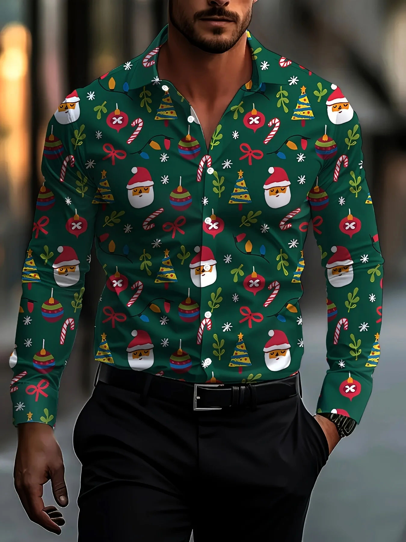 Christmas Elements Long Sleeve Shirt For Men 3D Print Santa Clause Graphic Button Lapel Shirt Fashion Novelty Autumn Winter Tops