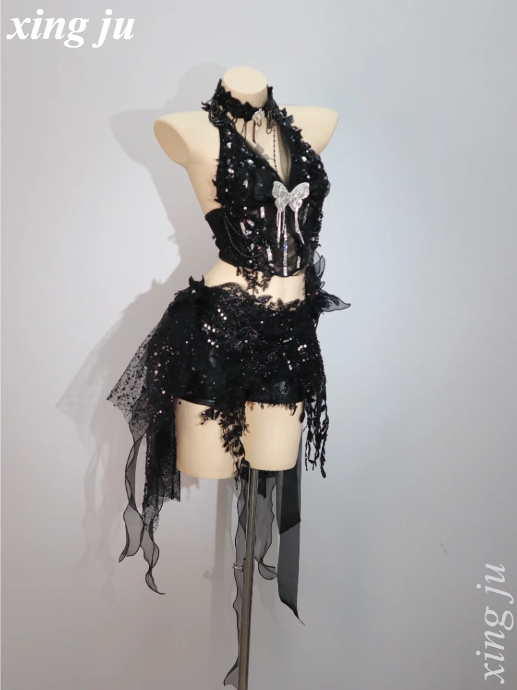 Xing Ju Black Butterfly Luxury Diamond Halter Tops Tassel Skirts Tight Shorts Jazz Costume Sexy Singer Dance Stage Party Outfits
