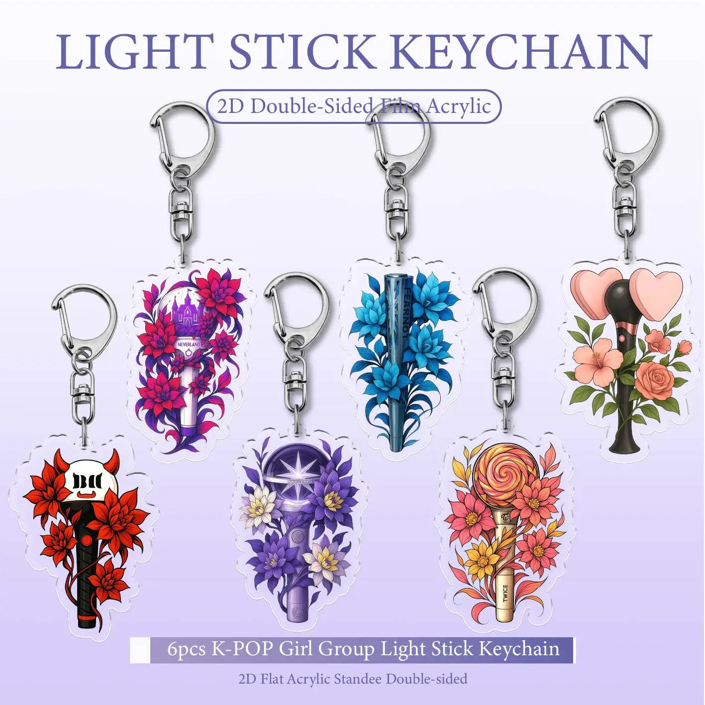 

K-Pop Girl Group Light Stick Keychain Set, 6Pcs Double-Sided Acrylic Keychains, Floral Design Bag Charms for Fans