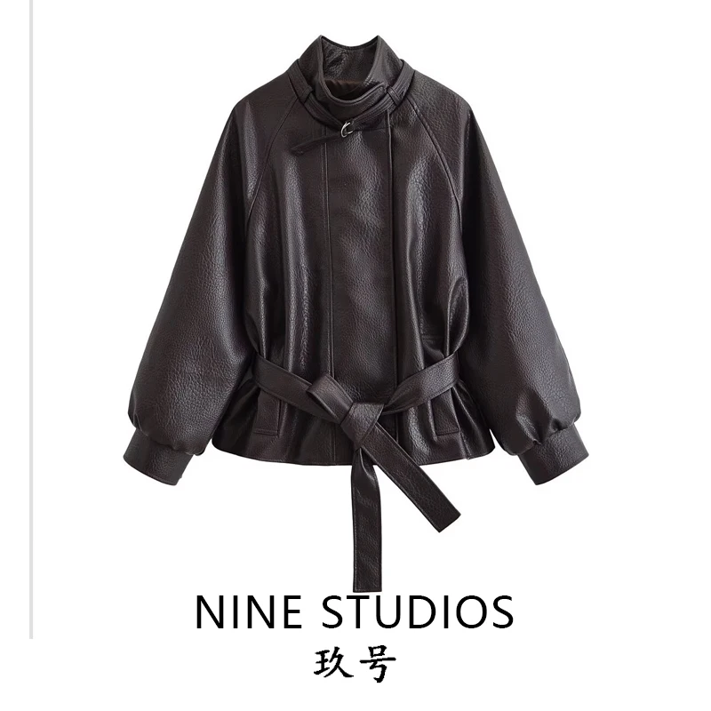 NINE ZAR Women's Leather Jacket Belted Waist Tie Stand Collar Coat Long Sleeve Short Length Fashionable Women's Outerwear