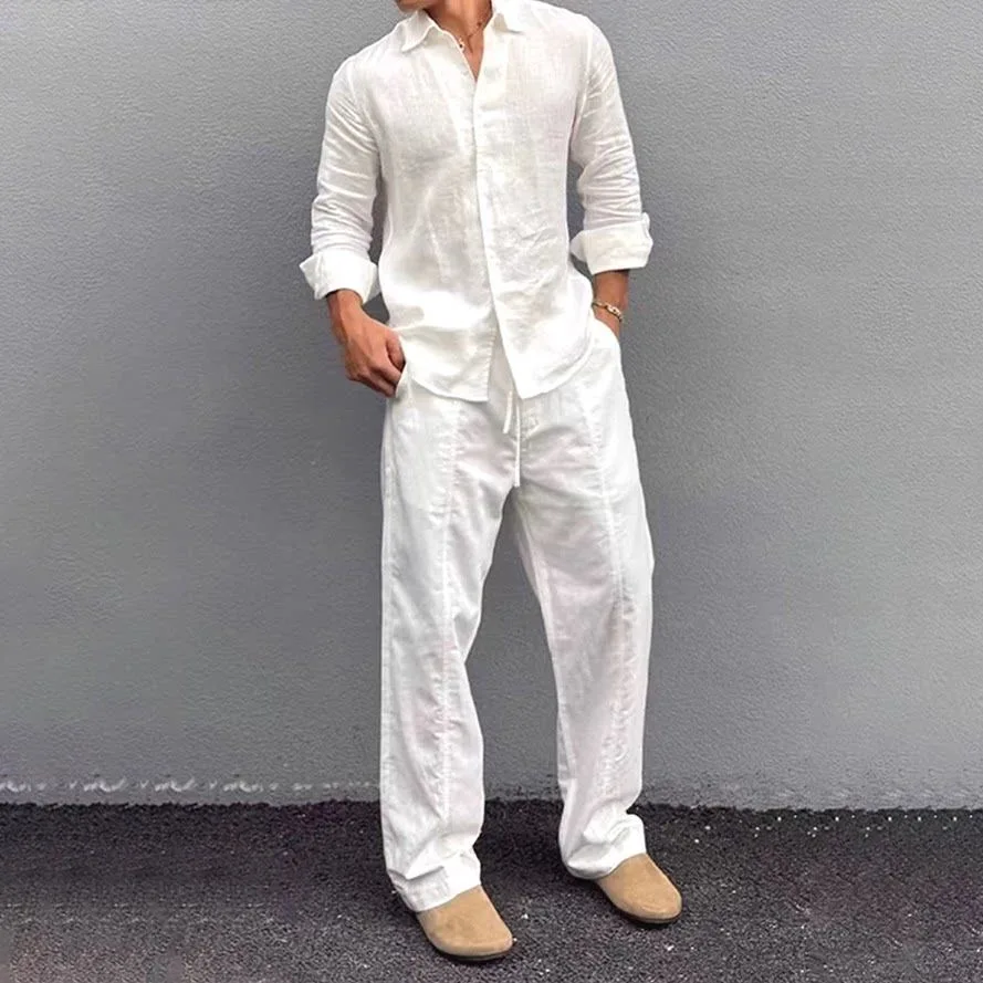 

Lightweight Breathable Cotton Linen Shirt Set for Men Long Sleeve Summer Casual Workwear with Pockets Short Pants Ensemble