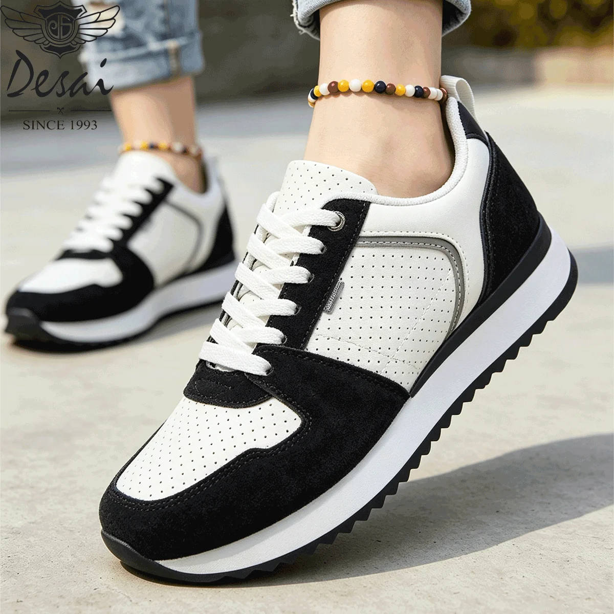 Desai Men's Wide Width Sneakers Perforated Breathable Faux Leather Casual Walking Shoes Lightweight Comfort Fall