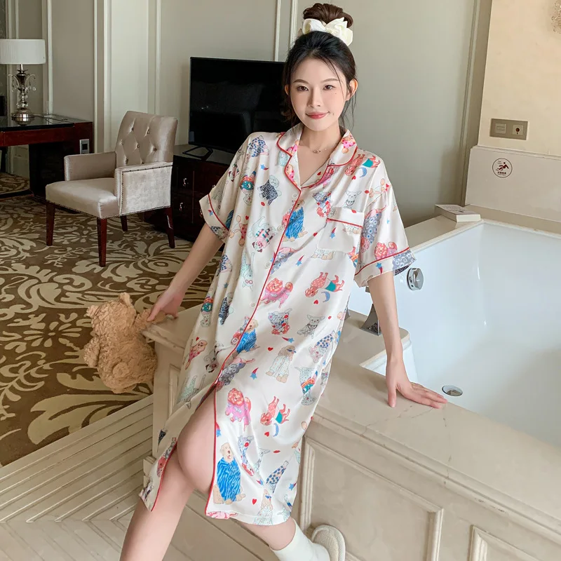 Faux Silk Satin Pajamas Women\'s Nightgowns Cardigan Ice Silk Shirt Skirt Cartoon Printed Nightdress Leisure Night Gown Dressing