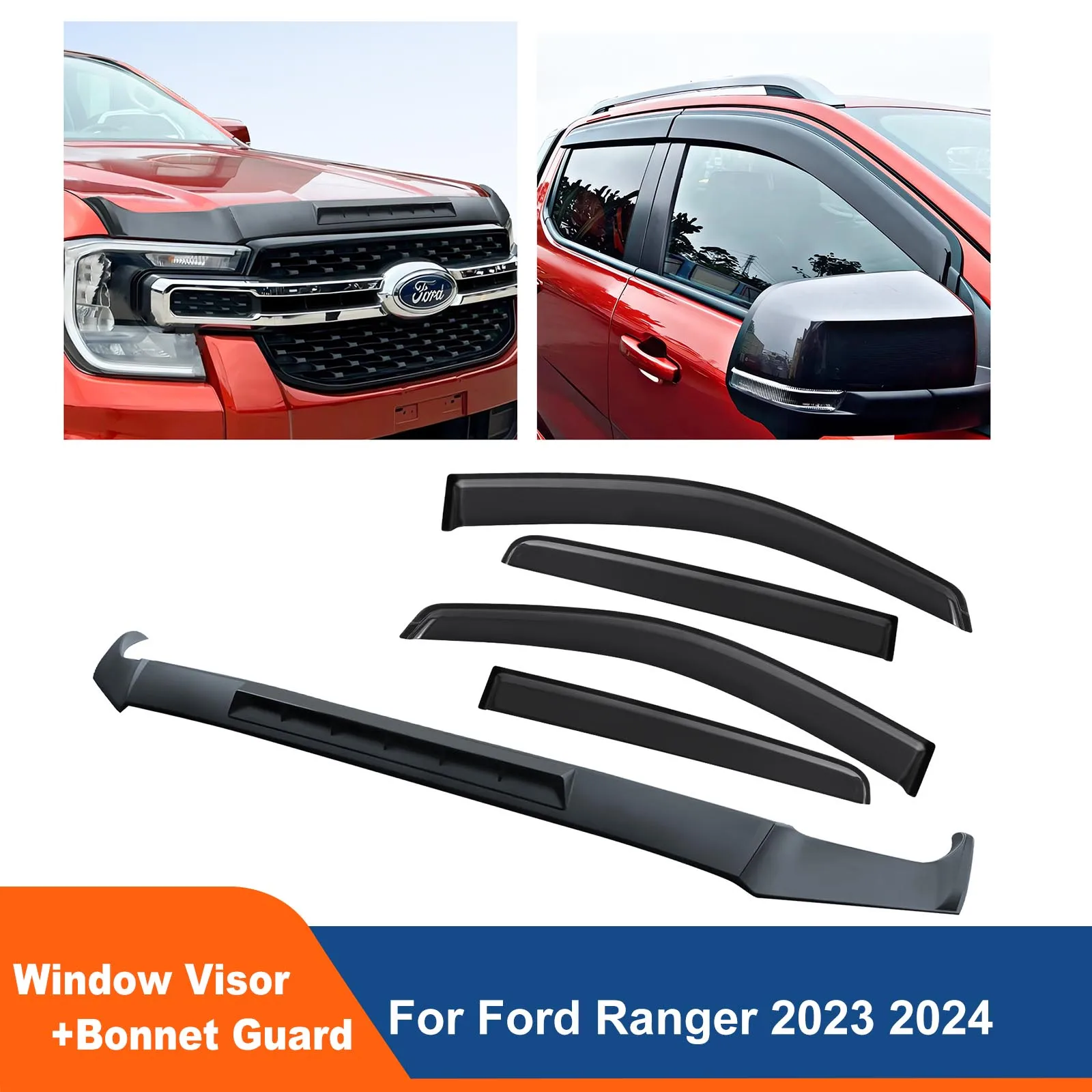 Bonnet Protector Bonnet Guard Trim +Window Visor Weathershield For Ford Ranger T9 2023 2024 Wildtrak XLT XL Next Gen Accessories