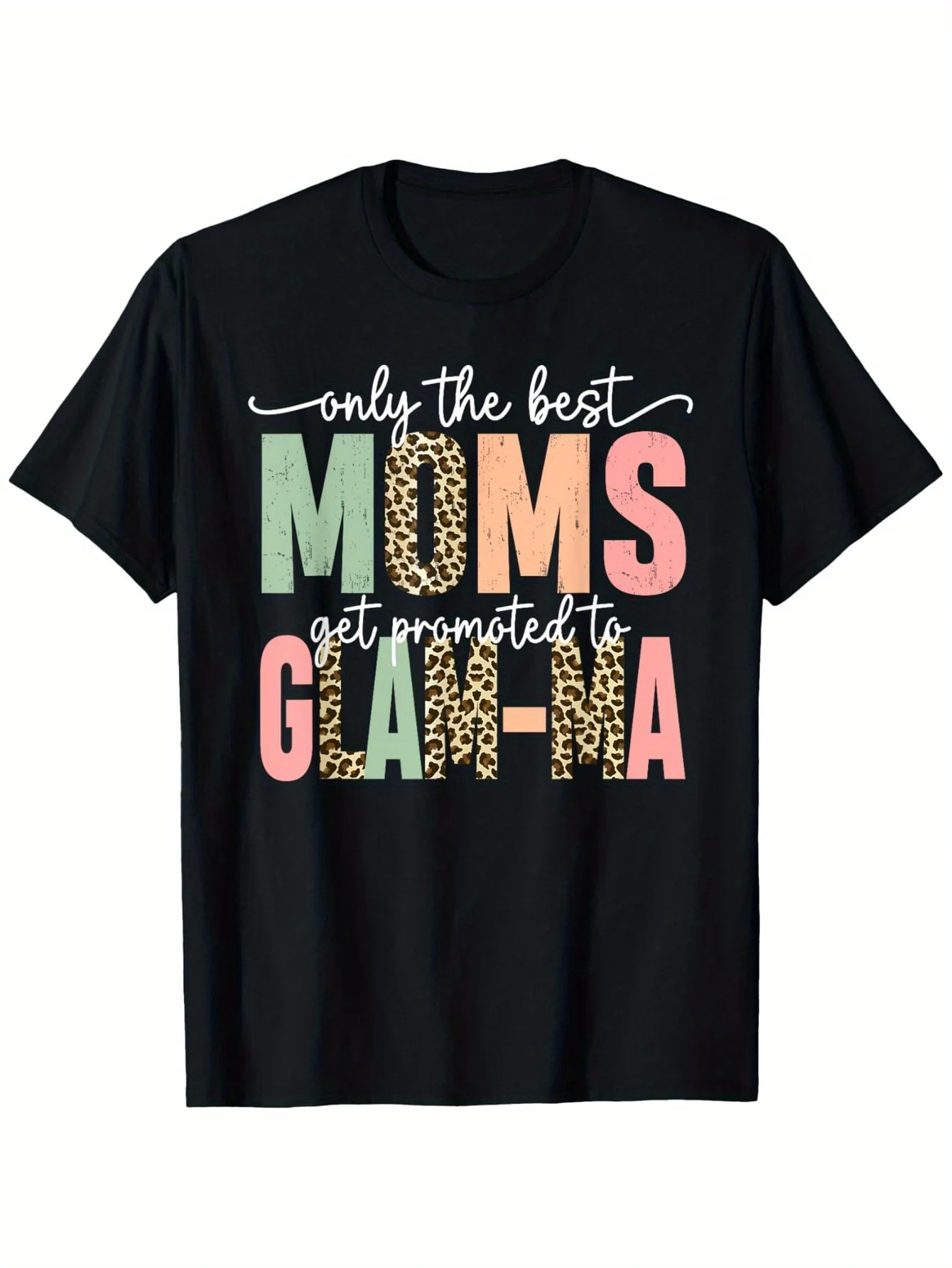 Empowering 'Great Moms Get Promoted to Glam-ma' Cotton Tee - Colorful Leopard Print, Round Neck, Short Sleeve - Ideal Gift for G