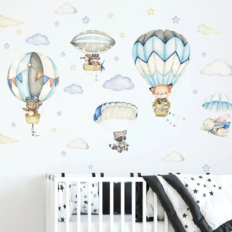 1PC Watercolor Animals Hot Air Balloon Clouds Stickers for Waterproof Removable PVC Kids Room Kindergarten Home Decoration