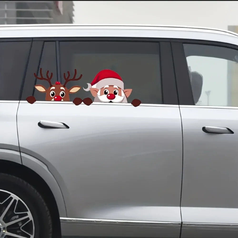 Christmas Vinyl Car Side Mirror Suitable for Decals with Santa & Reindeer Removable Window Decoration for Vehicles