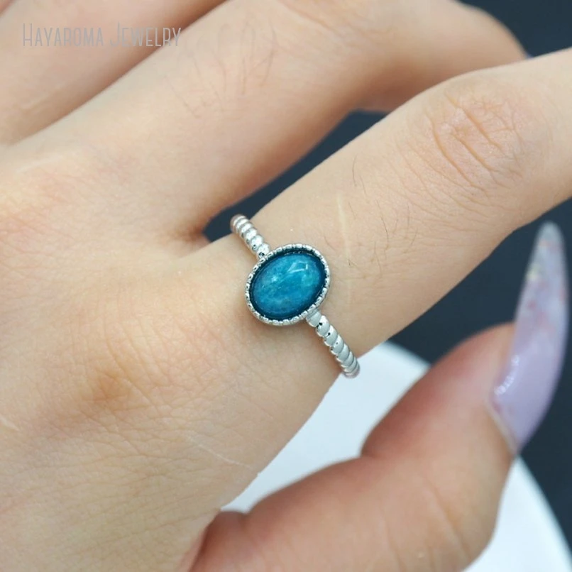 10Pcs Semi-precious Stone Apatite Wholesale Geometric Oval Silver Color Ring RM51344