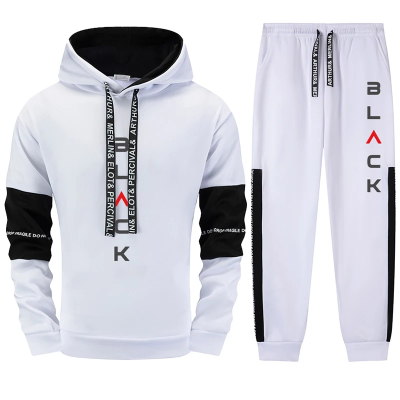2025 Street Style Men's Tracksuit Black Letter Print Hoodie and Sweatpants Urban Fashion Outfit Fall/Winter Training Sports Suit