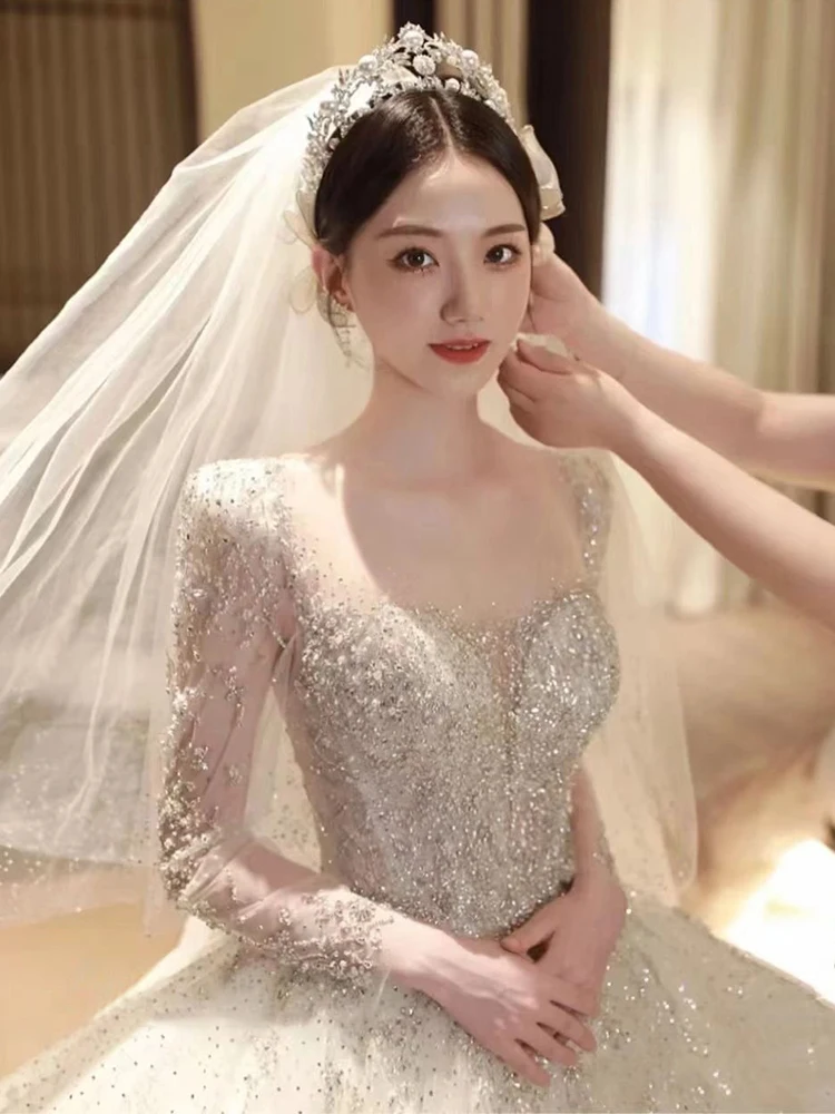 Elegant Long Sleeve Lightweight Wedding Dress New 2026 Shorter Brides Heavy Embroidery High Quality Large Size Simple Train