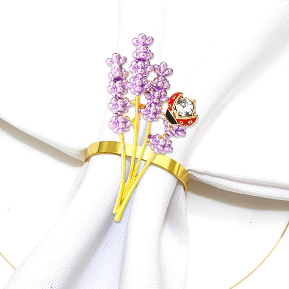 6Pcs Flower Napkin Rings Rhinestone Ladybird Lavender Plants Napkin Holder for Thanksgiving DIY Wedding Bridal Bouquet Table Dec