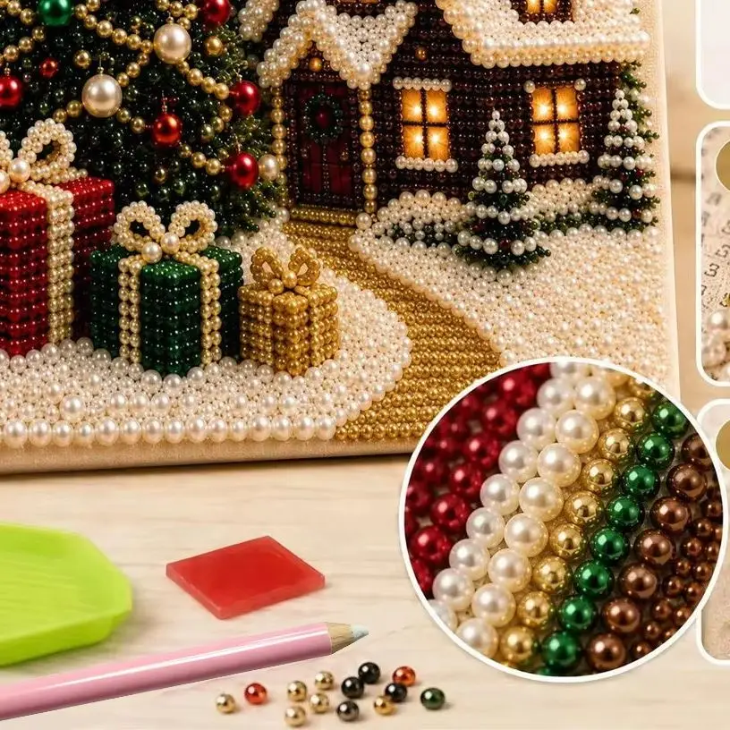 Christmas 3D Pearl Art Pearl Diamond Art Painting Set With Frame DIY Pearl Beads Craft Kit For Adults Home Decor Wall Art Gift