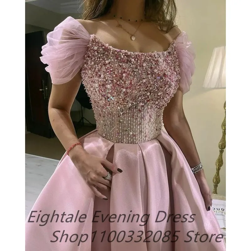 Eightale Princess Tea Length Pink Evening Dresses With Cape Off Shoulder Beaded Prom Dresses Dubai Formal Party Gown Customized