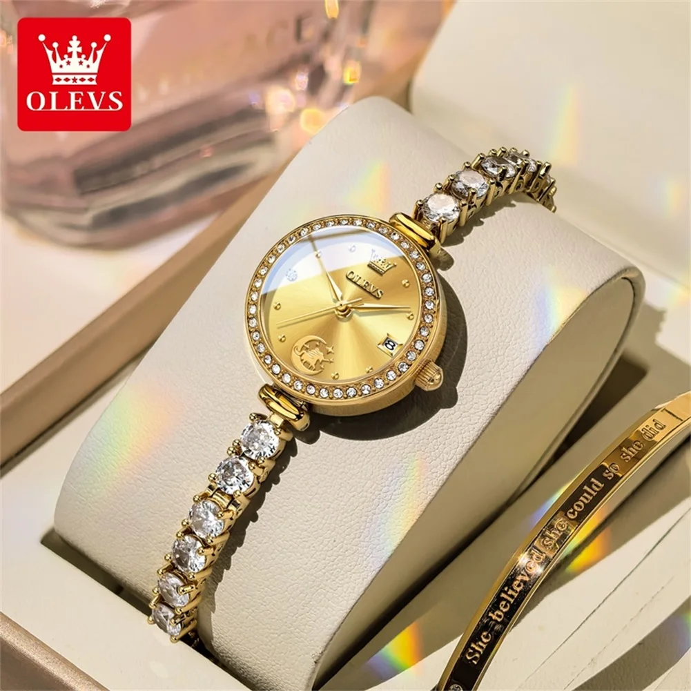 OLEVS Women's Watches Luxury Small Gold Quartz Wristwatch Unicorn Dial Zircon Strap Waterproof Luminous Date Original Brand 2998