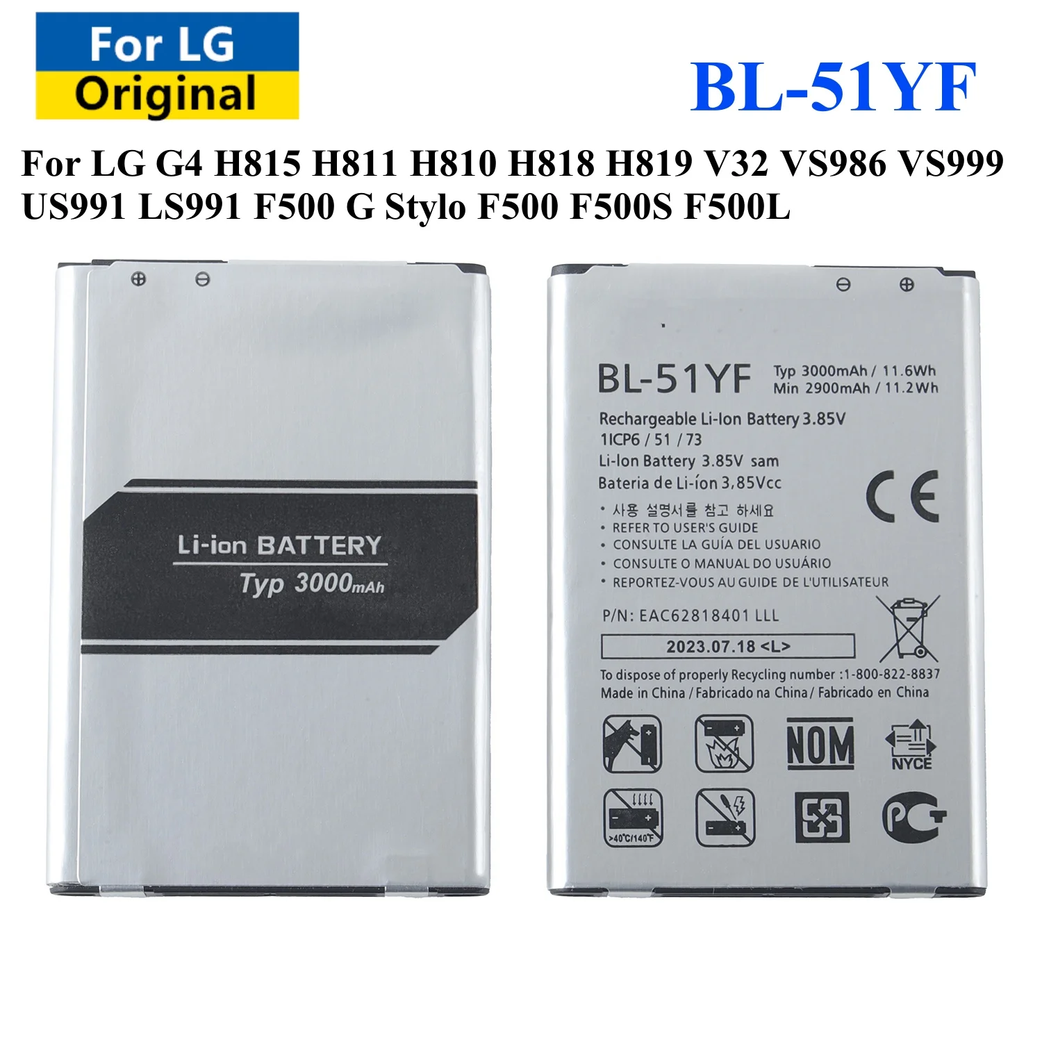 New Battery BL51YF BL-51YF Battery For LG G4 H815 H811 H810 H818 H819 V32 VS986 VS999 US991 LS991 F500 G Stylo F500 F500S F500L