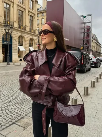 Chaqueta de cuero con cuello de solapa para mujer, abrigo corto ajustado de manga larga, color rojo, ropa de calle para fiesta, novedad de 2024