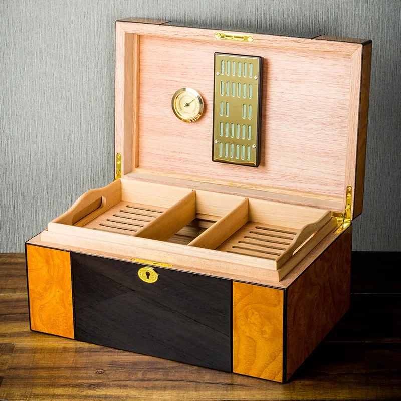 Cigar Humidor Baked Lacquer Applique Double Layer Cedar Wood Large Capacity Cigarete Case Cigar Accessories