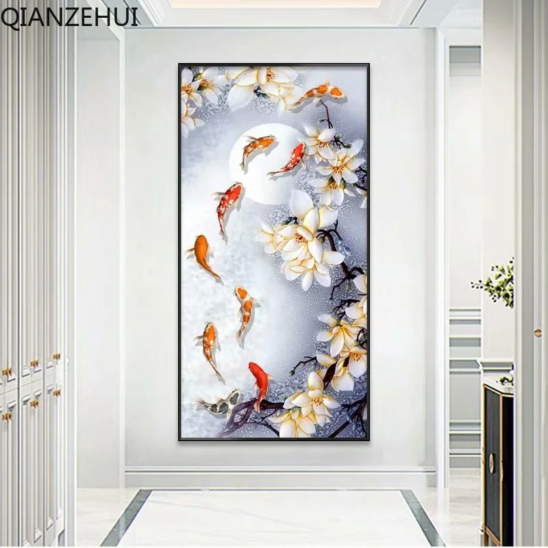 DIY 5D full Diamond Embroidery,Round Diamond Magnolia Flower Nine Fish Living room decoration rhinestone beads Diamond painting