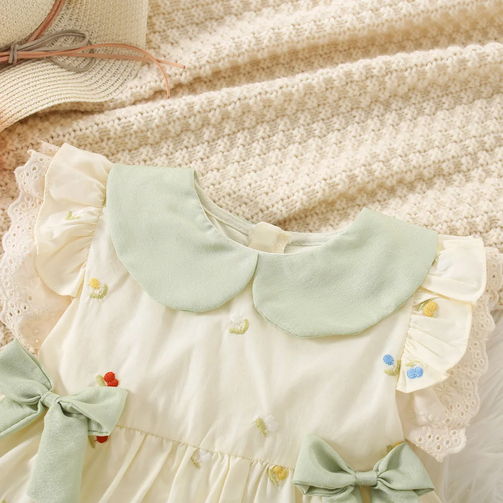 Summer Girls 0-3 Year Old Dress Girl Baby Full of Embroidered Lapel Two Bow Ties Lace Small Flying Sleeves Princess Dress