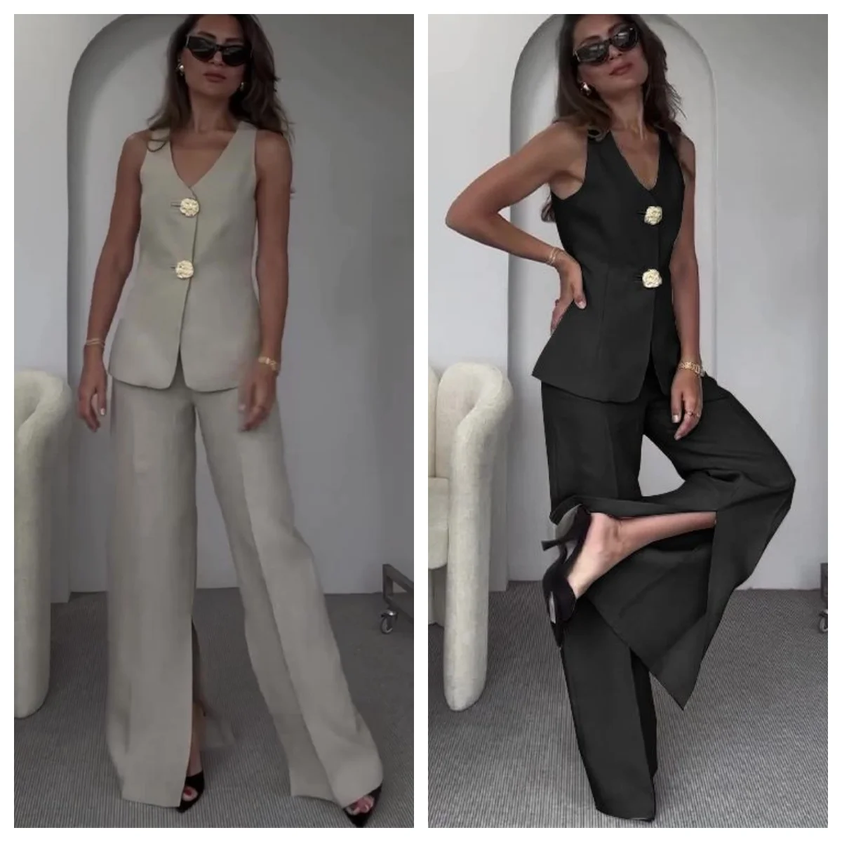 Dwuczęściowy zestaw damski Summer Office Simple V Neck Sleeveless Single Breasted Button Vest Top Loose Wide Legs Pants Sets