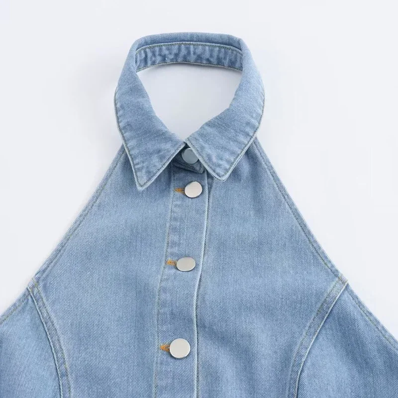 Traf Neck holder Neck Denim Jumps uit Frauen schulter frei lange Jumps uit Frau Baggy breite Hosen Overalls Sommer rücken freie Overalls Jeans