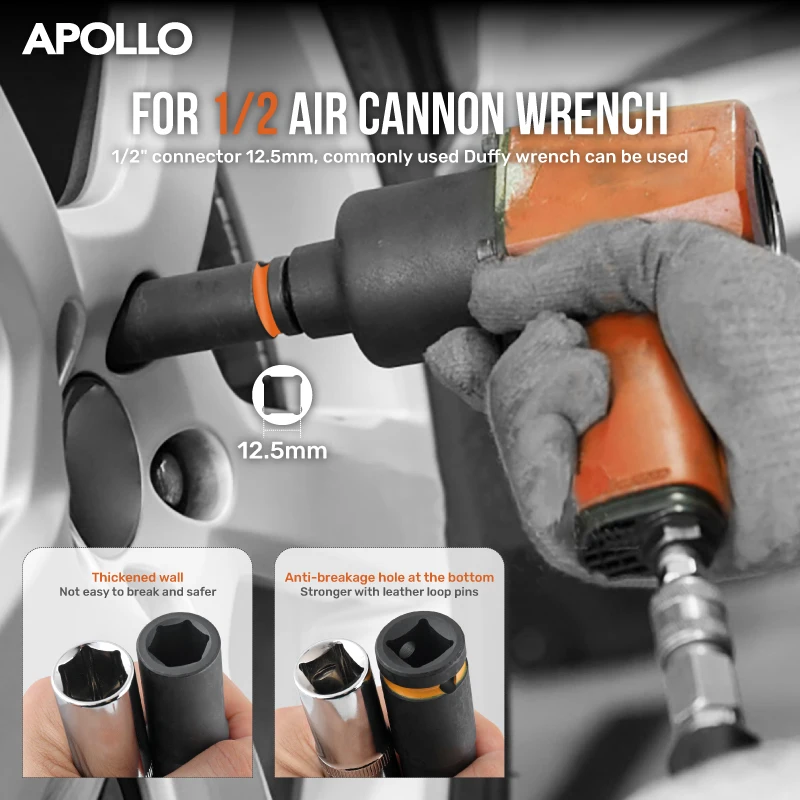 Apollo 1/2" Drive Impact Socket Set 10PC 8-24mm, Thick-Wall CrV Steel Pneumatic Sockets w/Color Rings, Auto Repair Kit for Tire