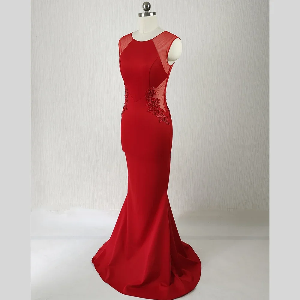 Robe de Soirée Personnalisée avec Perles Rouges Vin, Col Rond, en Fibre de Sirène, Longueur au Sol, Trompent, pour Femme, C188